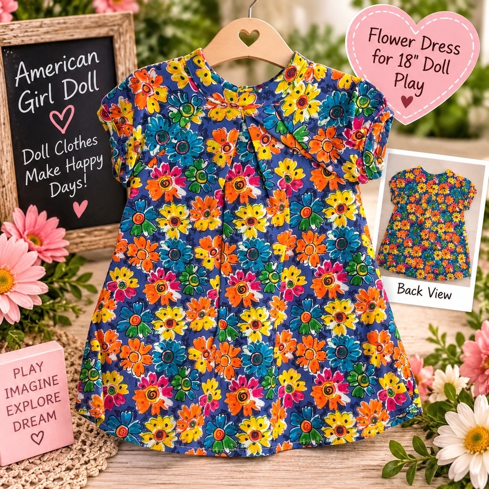 Floral Doll Dress for 18 Inch American Girl Dolls Blue Multi Color Daisy Print